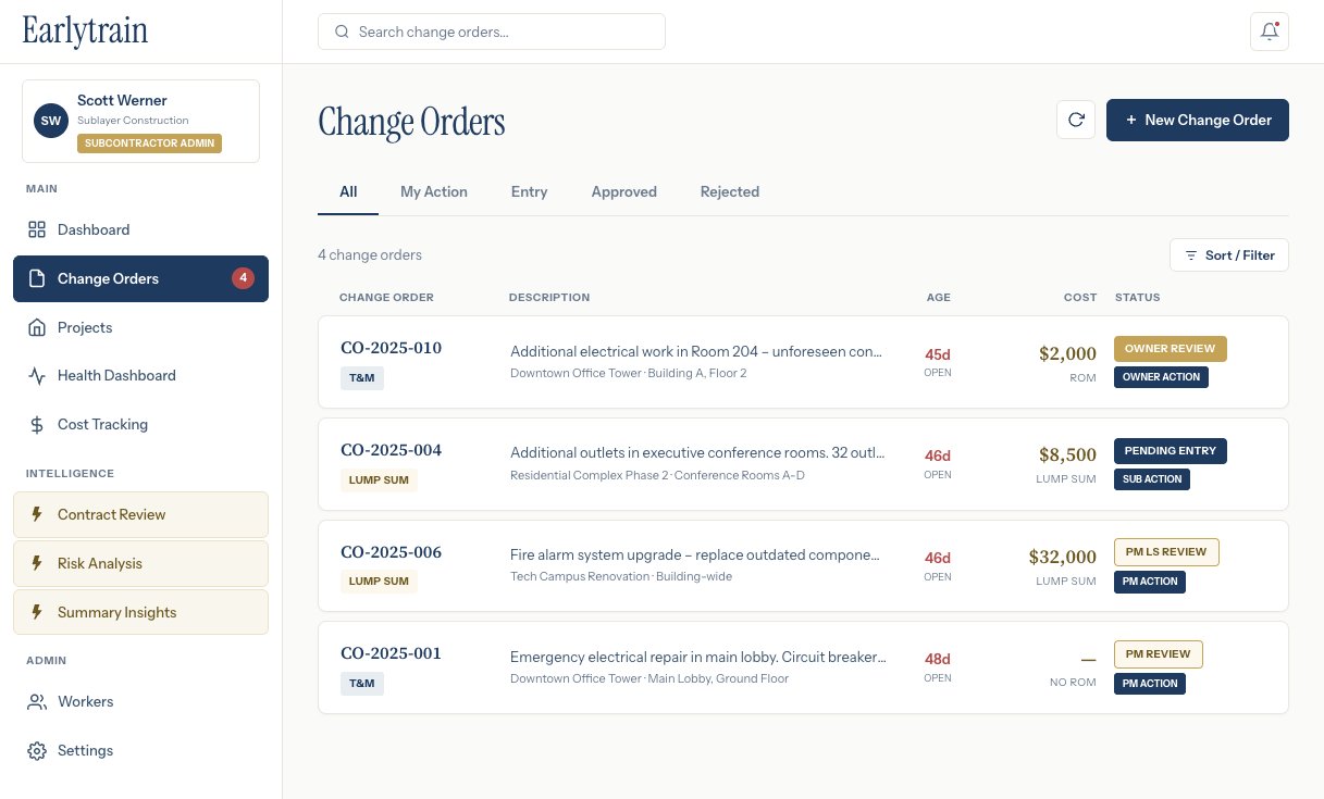 Earlytrain Change Orders Dashboard